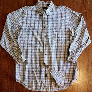 IZOD Men Long Sleeve Button Up Shirt Size L 100% Cotton 17-17.5 Nude/Blk/Red 48"